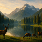 Scenic Kashmir wildlife safari landscape with valley, river, mountains and deer