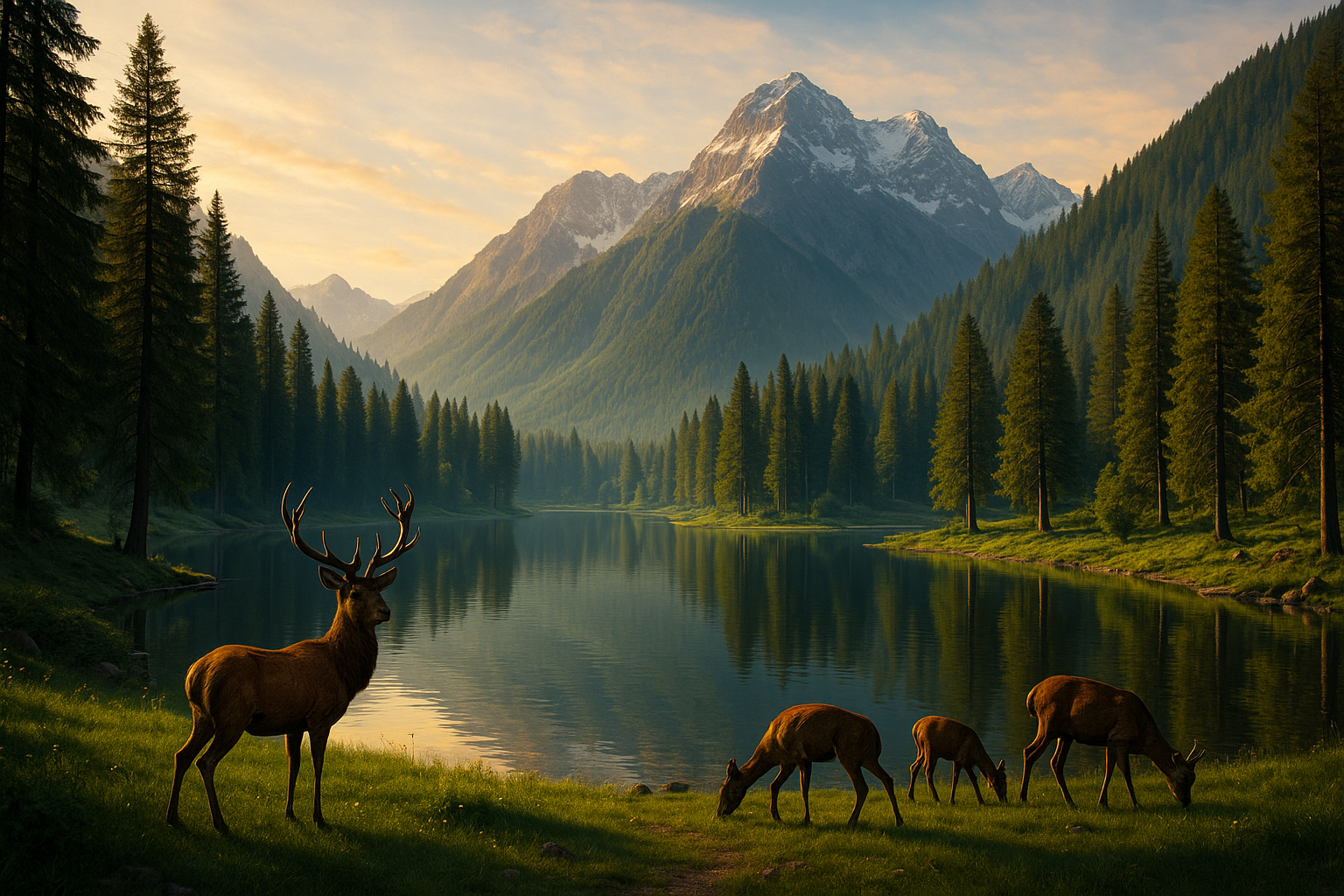 Scenic Kashmir wildlife safari landscape with valley, river, mountains and deer