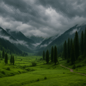 Lush green valley in Kashmir during monsoon with tall pine trees, misty mountains and dark rain clouds
