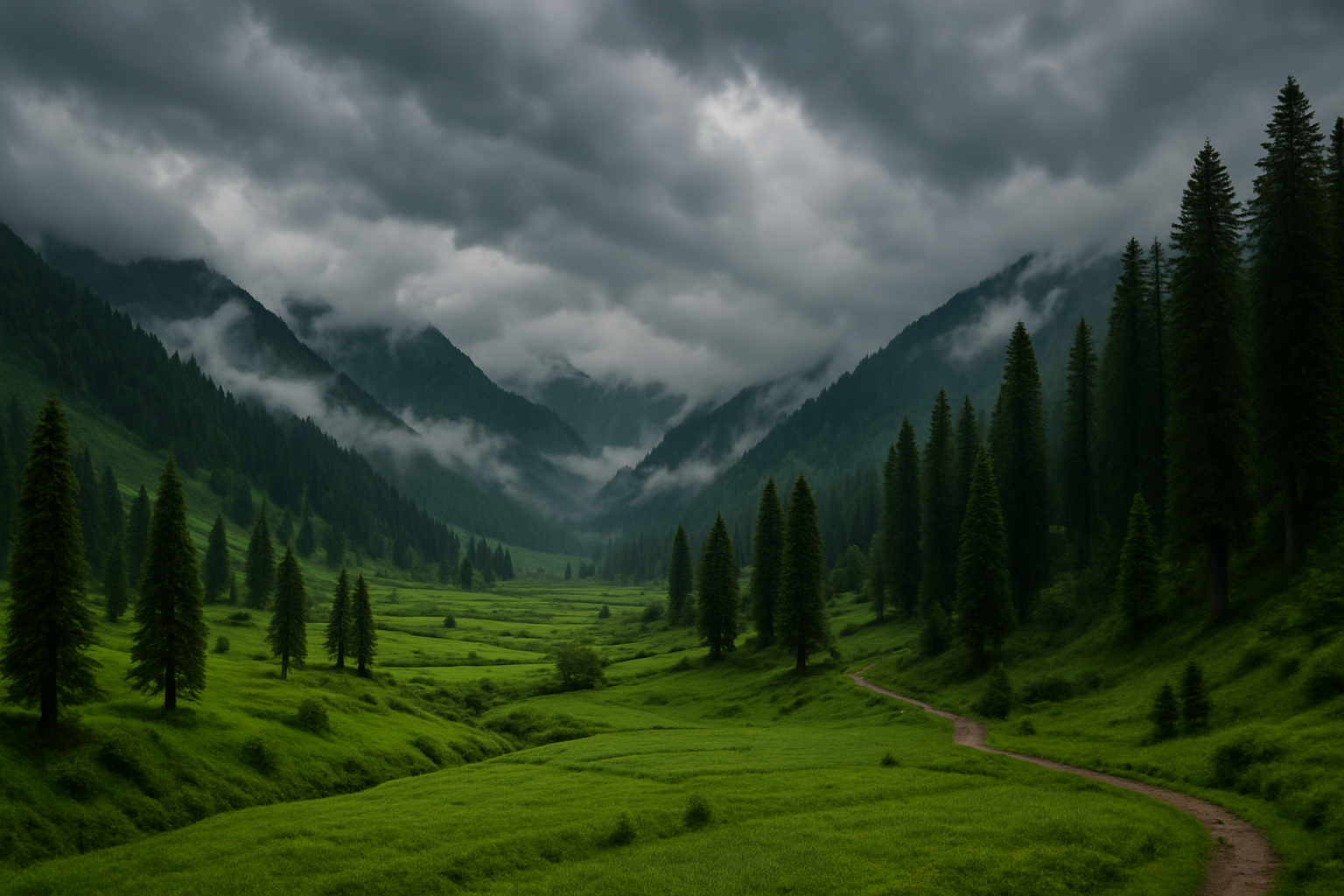 Lush green valley in Kashmir during monsoon with tall pine trees, misty mountains and dark rain clouds