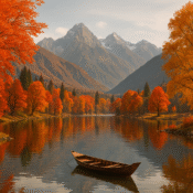 Autumn landscape in Kashmir with golden trees, lake and boat
