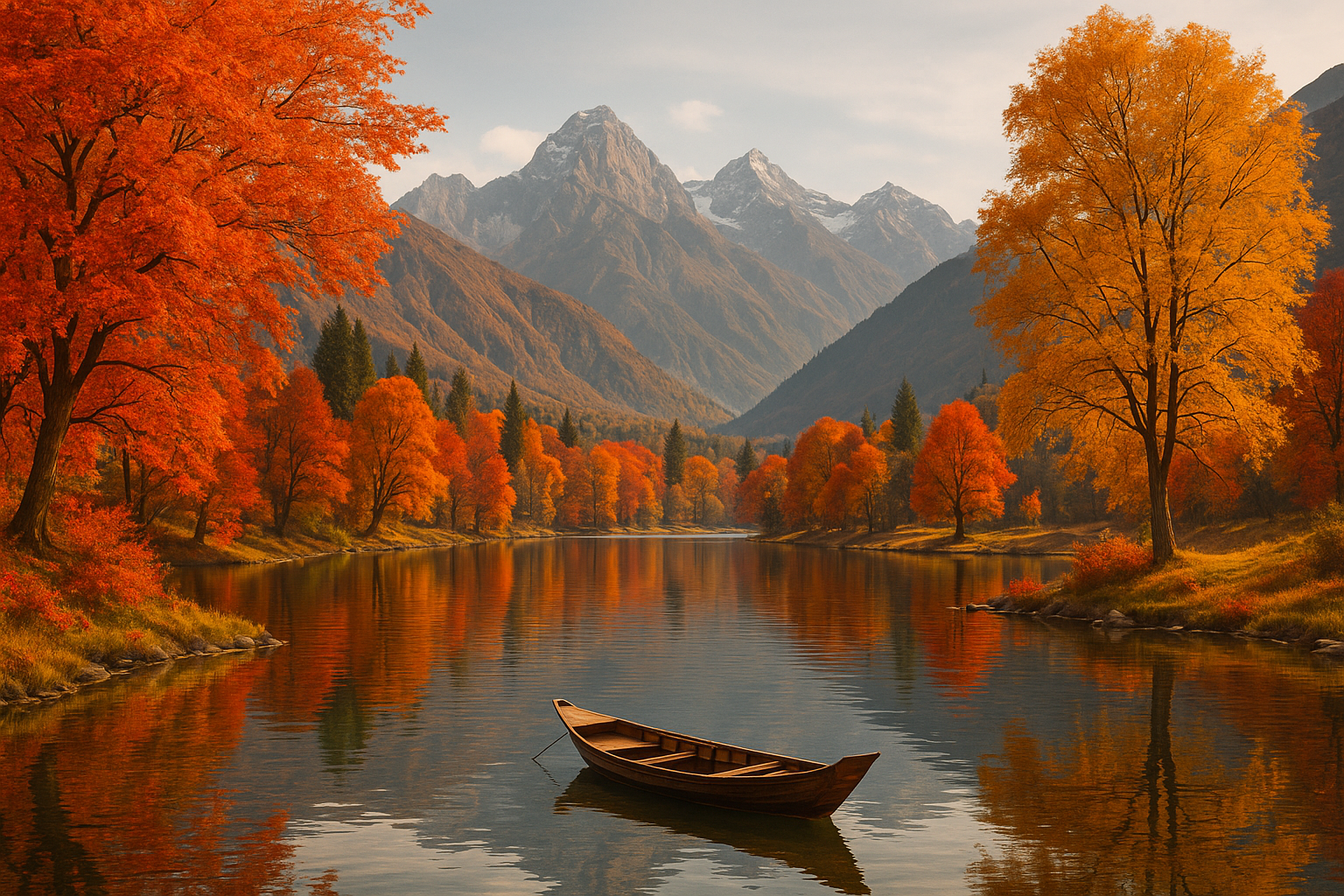 Autumn landscape in Kashmir with golden trees, lake and boat