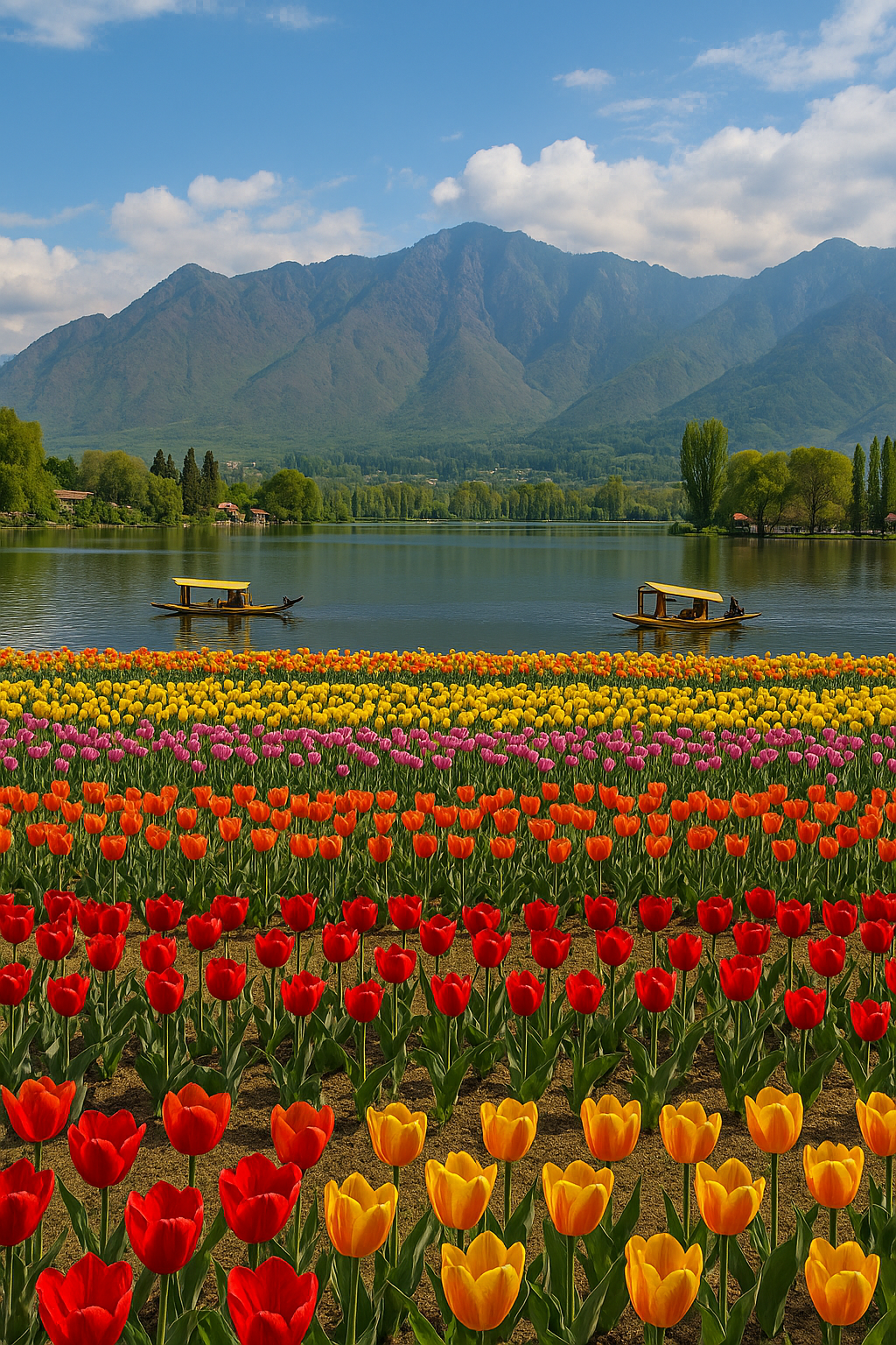 Tulip garden at Dal Lake Kashmir with mountains and shikara