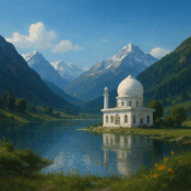 Serene valley in Kashmir with snow-capped mountains, a lake and a white domed shrine