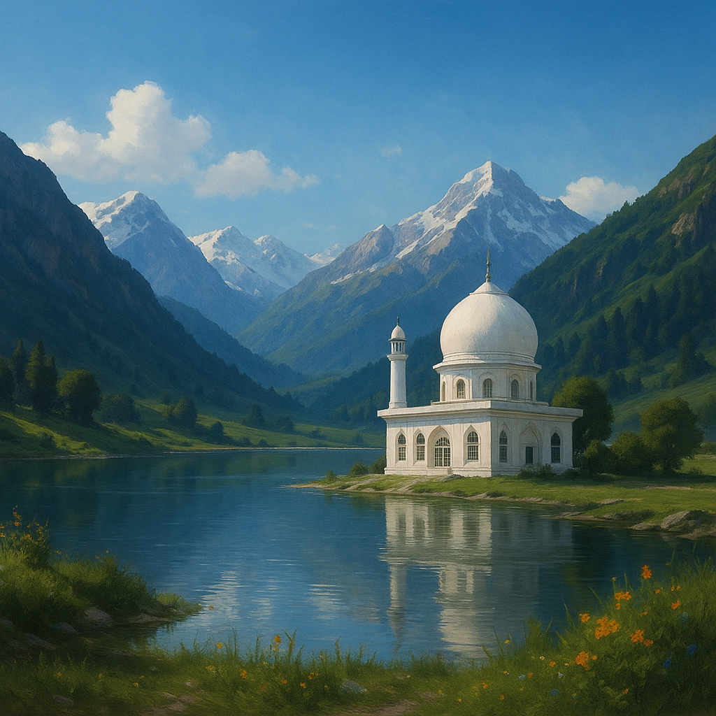 Serene valley in Kashmir with snow-capped mountains, a lake and a white domed shrine