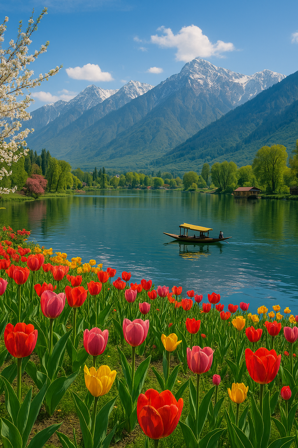 Blooming tulip fields with mountains in Kashmir during spring.
