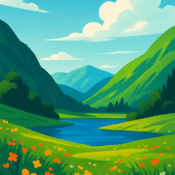 Stylized illustration of a Kashmiri valley with green mountains, wildflowers and a summer sky