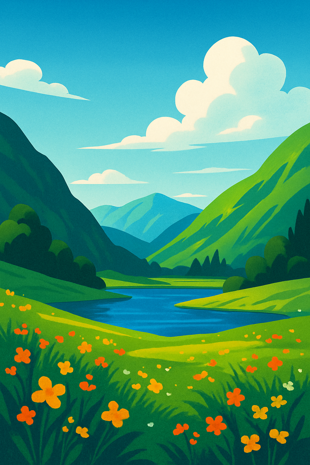 Stylized illustration of a Kashmiri valley with green mountains, wildflowers and a summer sky