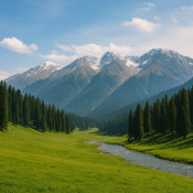 Lush meadow with pine trees and mountains in Yousmarg and Doodhpathri, Kashmir