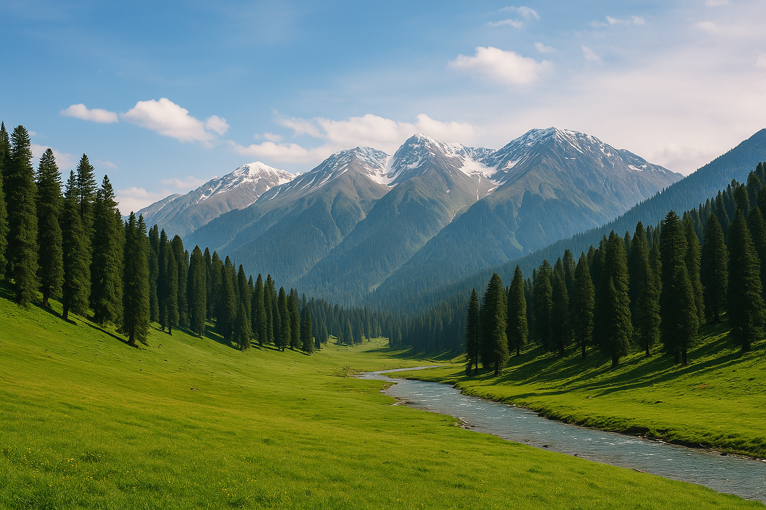 Lush meadow with pine trees and mountains in Yousmarg and Doodhpathri, Kashmir