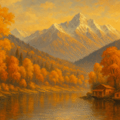 Kashmir autumn landscape with golden chinar trees, mountains and houseboats