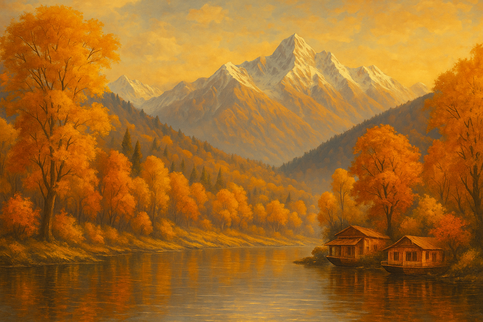 Kashmir autumn landscape with golden chinar trees, mountains and houseboats