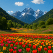 Colorful tulip valley in Kashmir with snow-capped mountains and blue sky during spring season