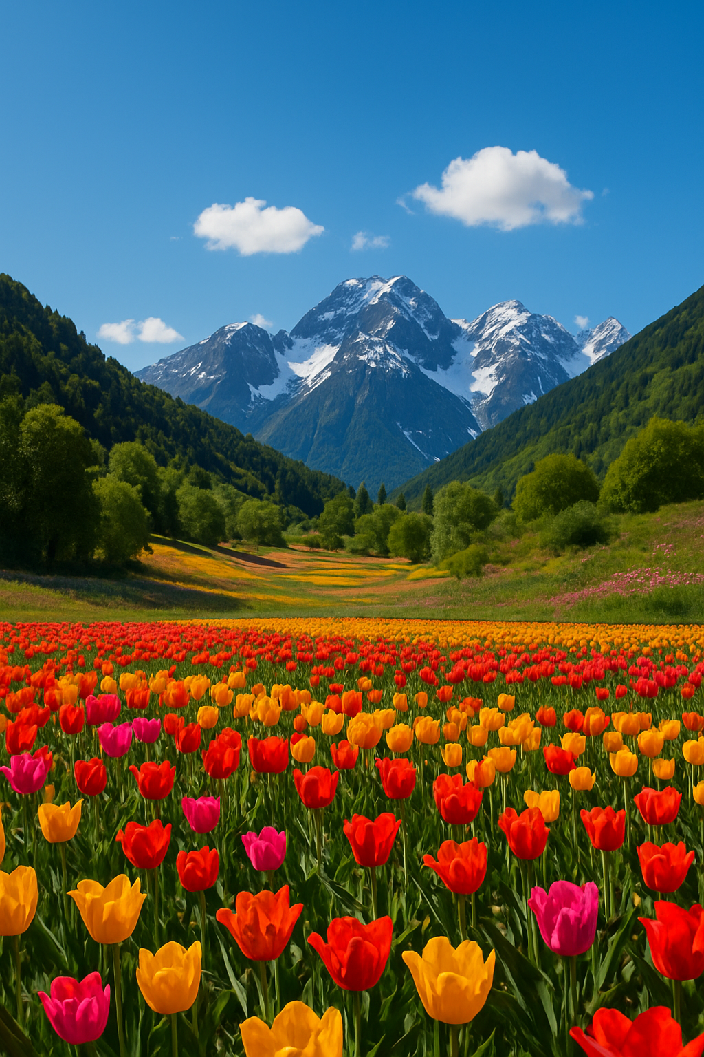 Colorful tulip valley in Kashmir with snow-capped mountains and blue sky during spring season