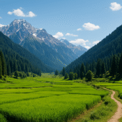 Lush green meadows, pine trees and mountains in Lolab Valley, Kashmir