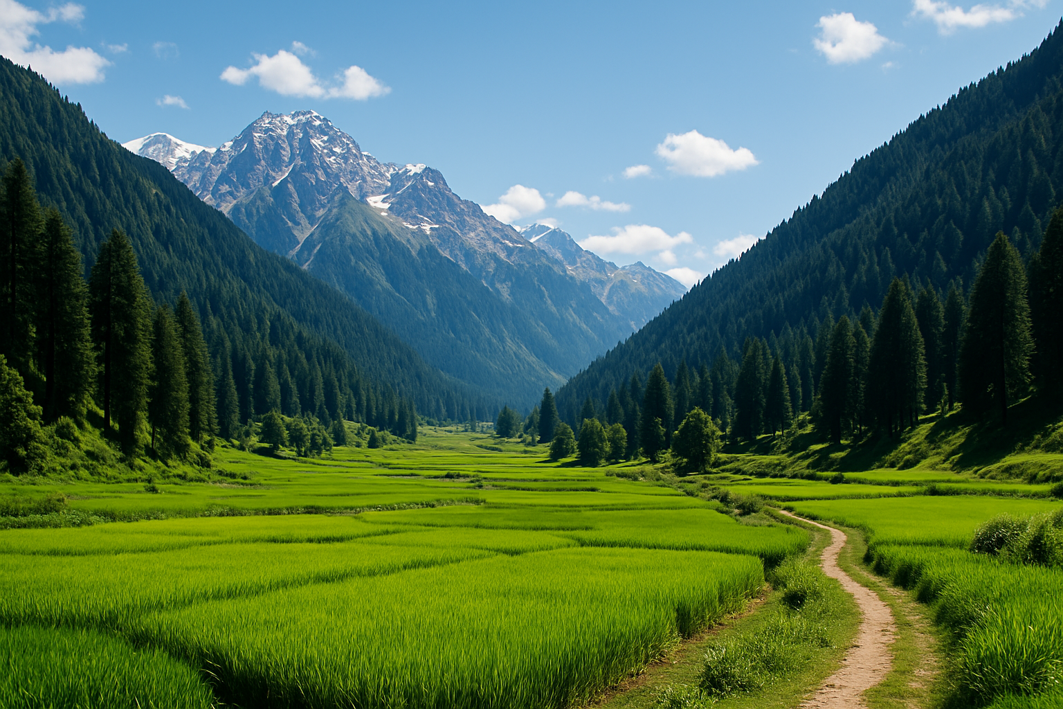 Lush green meadows, pine trees and mountains in Lolab Valley, Kashmir