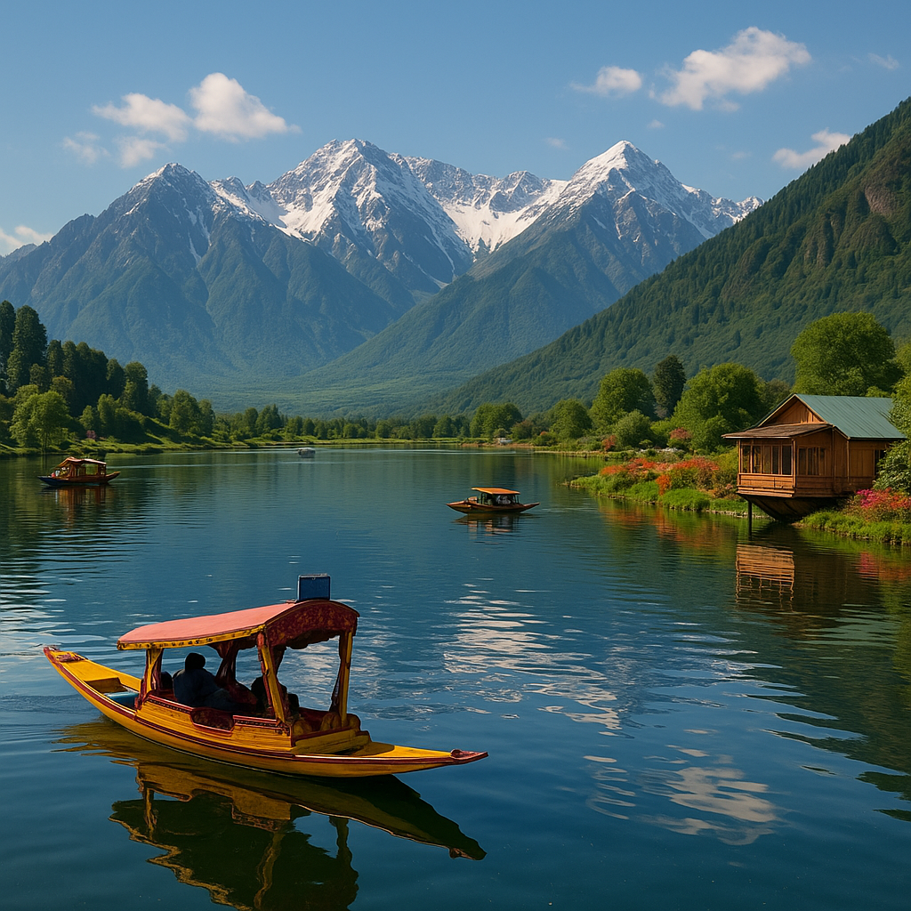 Serene Kashmiri lake with shikara boat and snow-capped mountains