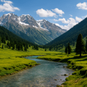 Bangus Valley meadow with stream and snow-capped mountains in Kashmir