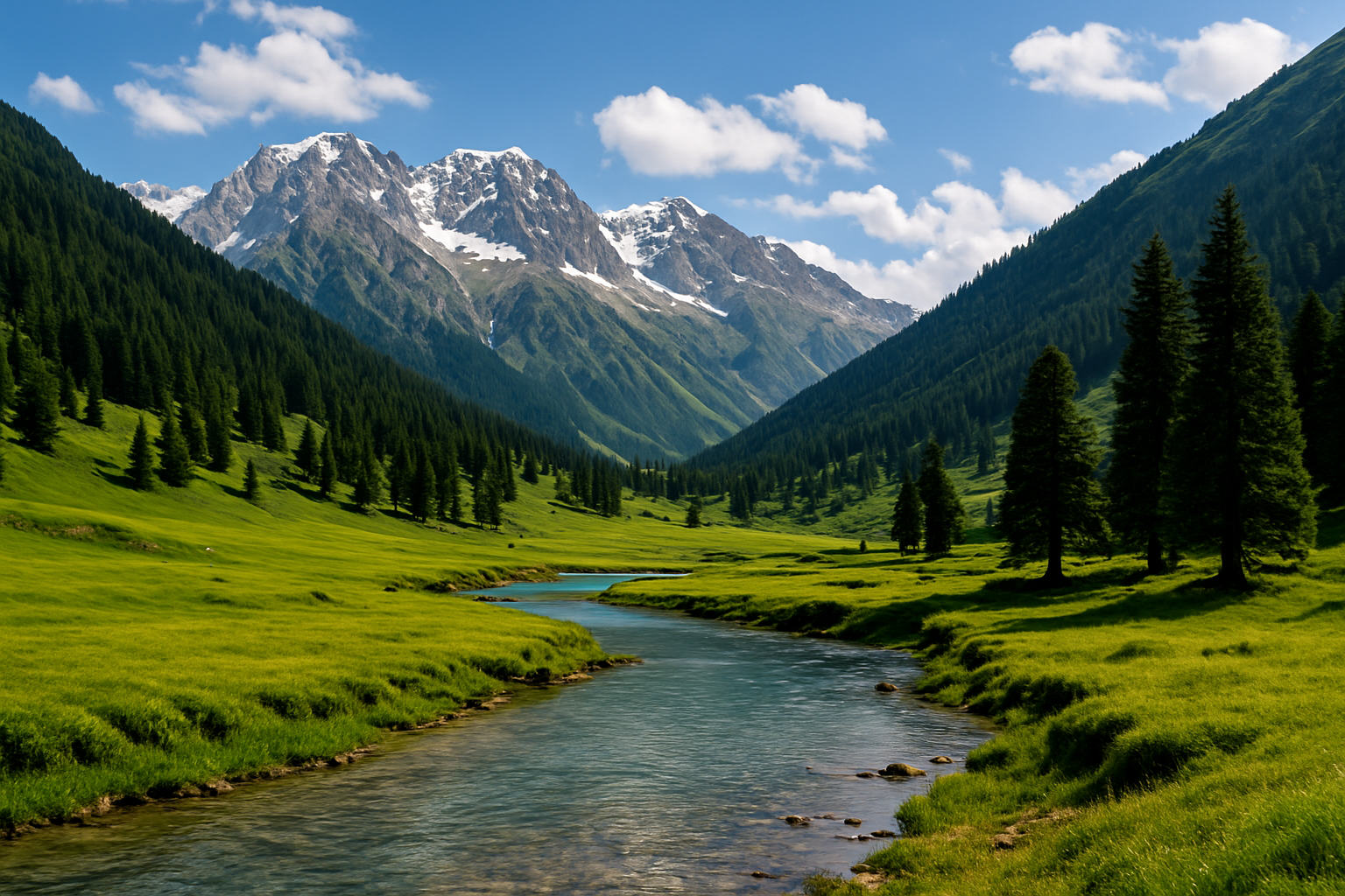 Bangus Valley meadow with stream and snow-capped mountains in Kashmir