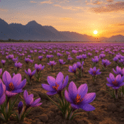 Blooming saffron fields with mountains and sunrise in Kashmir