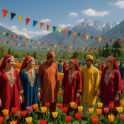 Travelers celebrating a Kashmiri festival in a tulip garden with colourful flags and snow-capped mountains in the background