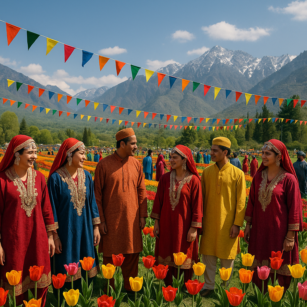 Travelers celebrating a Kashmiri festival in a tulip garden with colourful flags and snow-capped mountains in the background