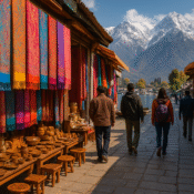Colorful Pashmina shawls and handicrafts in a Kashmiri market near Dal Lake with snow-capped mountains