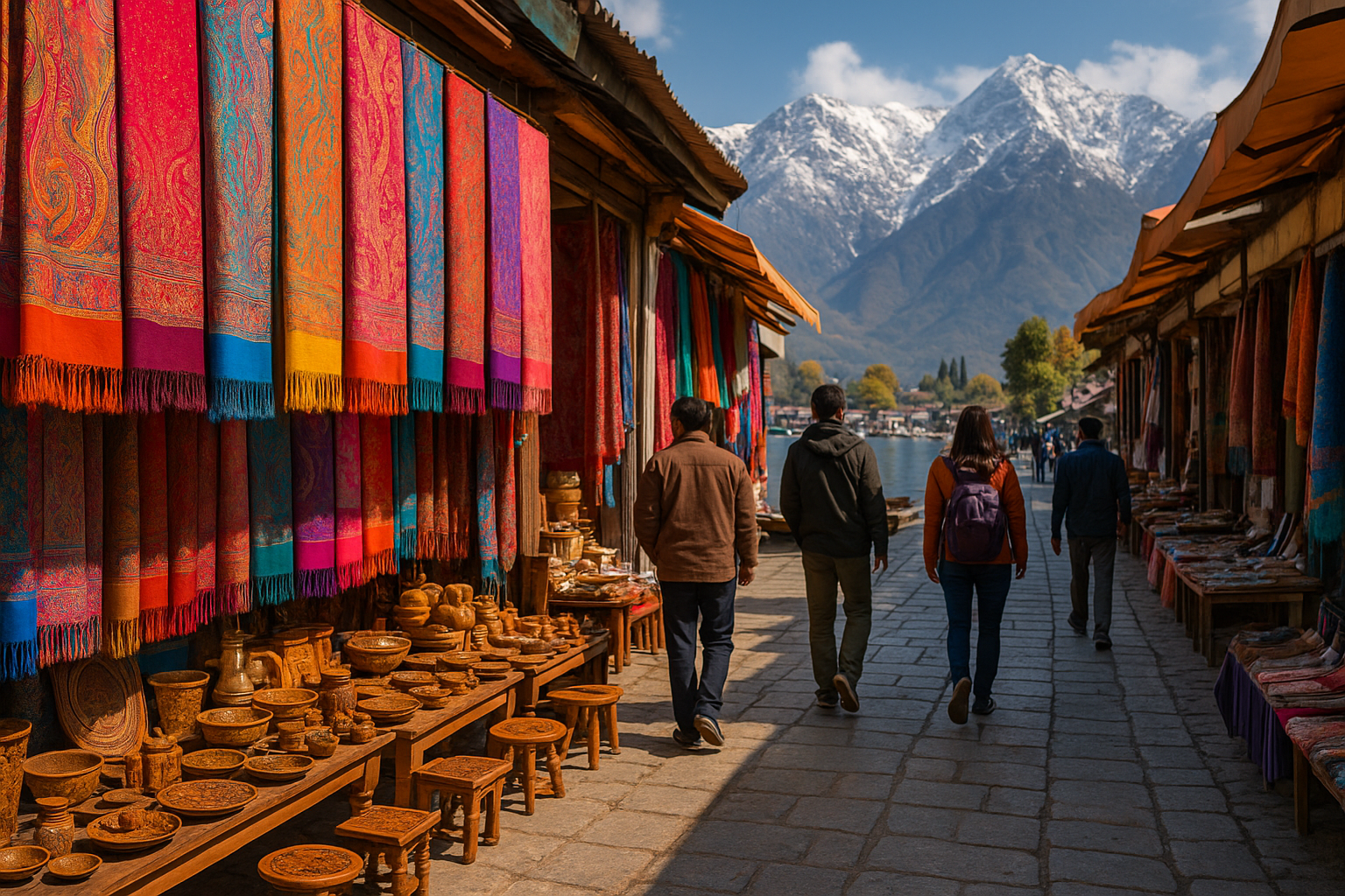 Colorful Pashmina shawls and handicrafts in a Kashmiri market near Dal Lake with snow-capped mountains