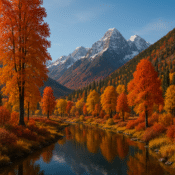 Autumn valley in Kashmir with golden and red Chinar trees along a calm river under snow-capped mountains