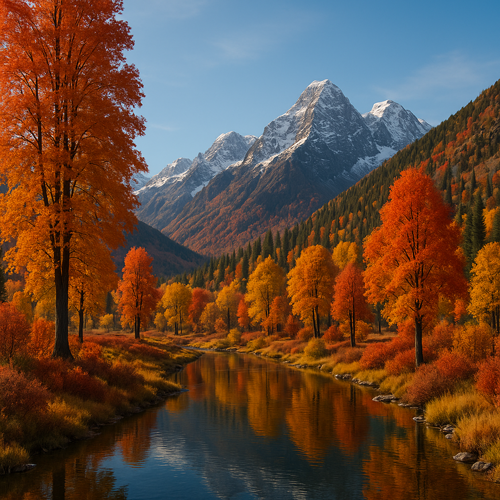 Autumn valley in Kashmir with golden and red Chinar trees along a calm river under snow-capped mountains