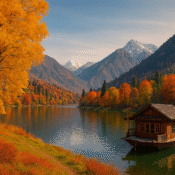 Golden autumn scene at a serene lake in Kashmir with houseboat and mountains.