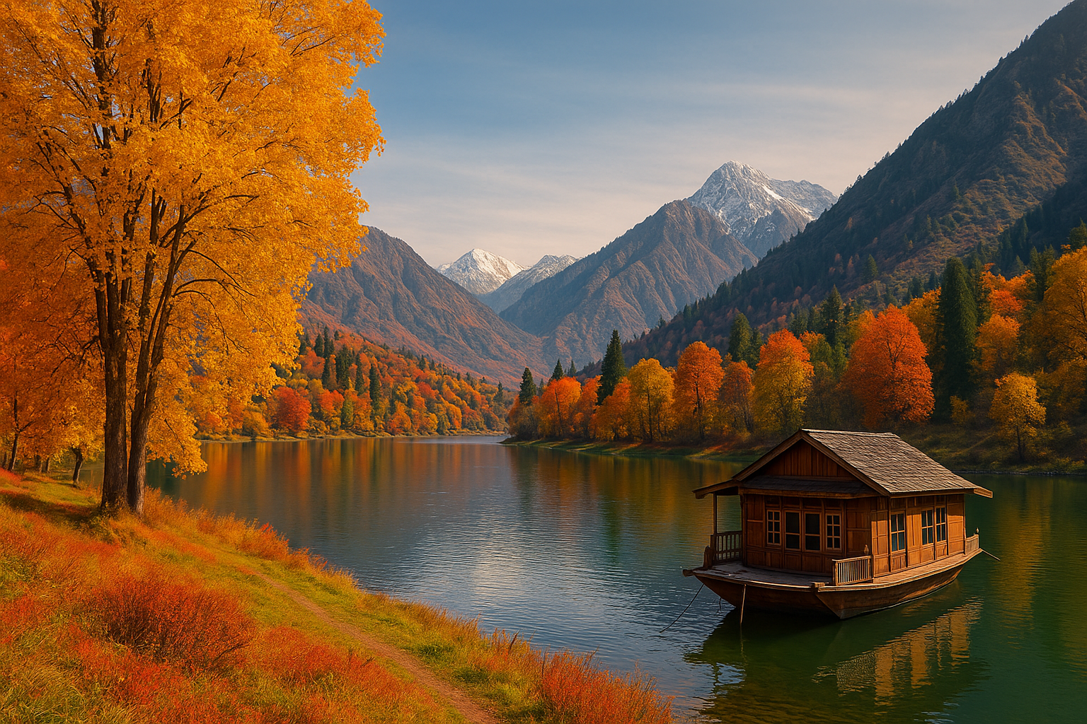 Golden autumn scene at a serene lake in Kashmir with houseboat and mountains.