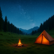 Tent and campfire under starry night in Yusmarg Doodhpathri meadows, Kashmir