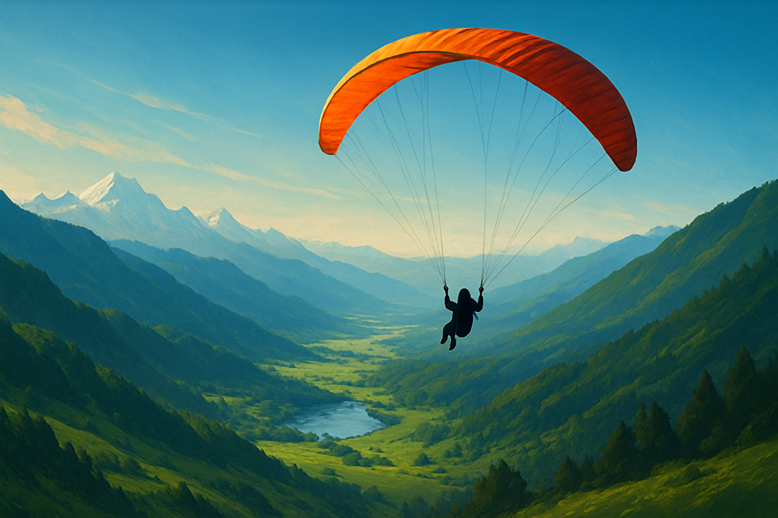 Paragliding over Kashmir valley with mountains and valleys