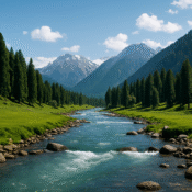 Scenic view of Pahalgam valley with turquoise river, lush green pine forests and snow-capped mountains in Kashmir.