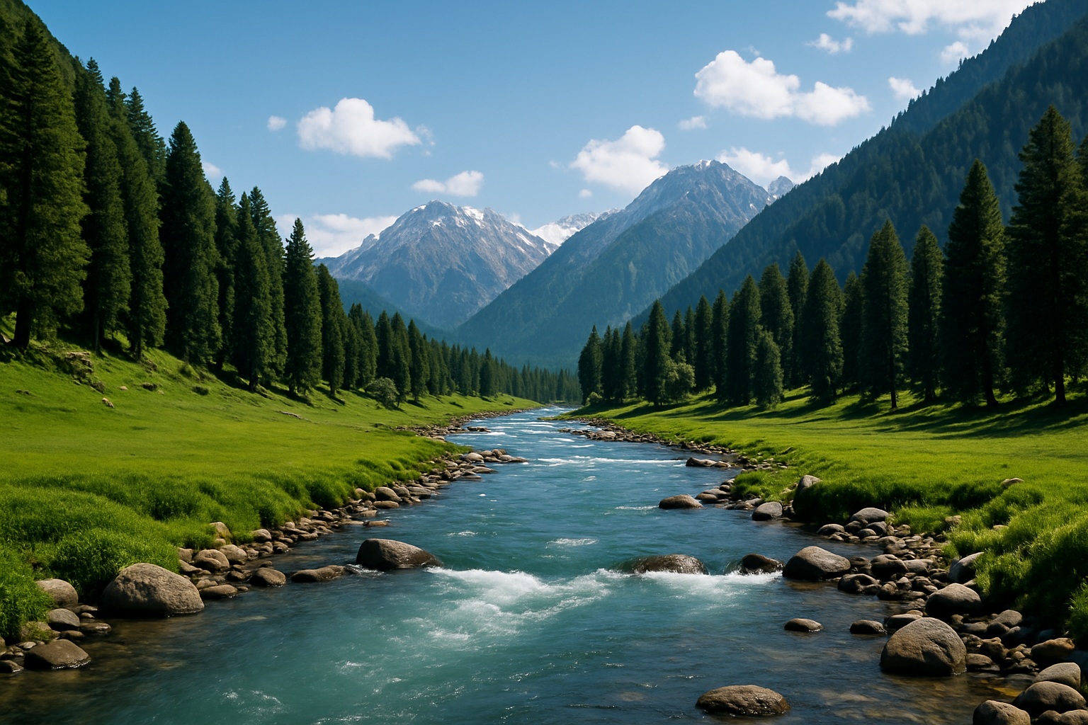 Scenic view of Pahalgam valley with turquoise river, lush green pine forests and snow-capped mountains in Kashmir.