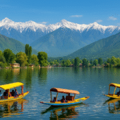 Scenic view of Dal Lake with colourful shikaras and snow-capped mountains in Kashmir