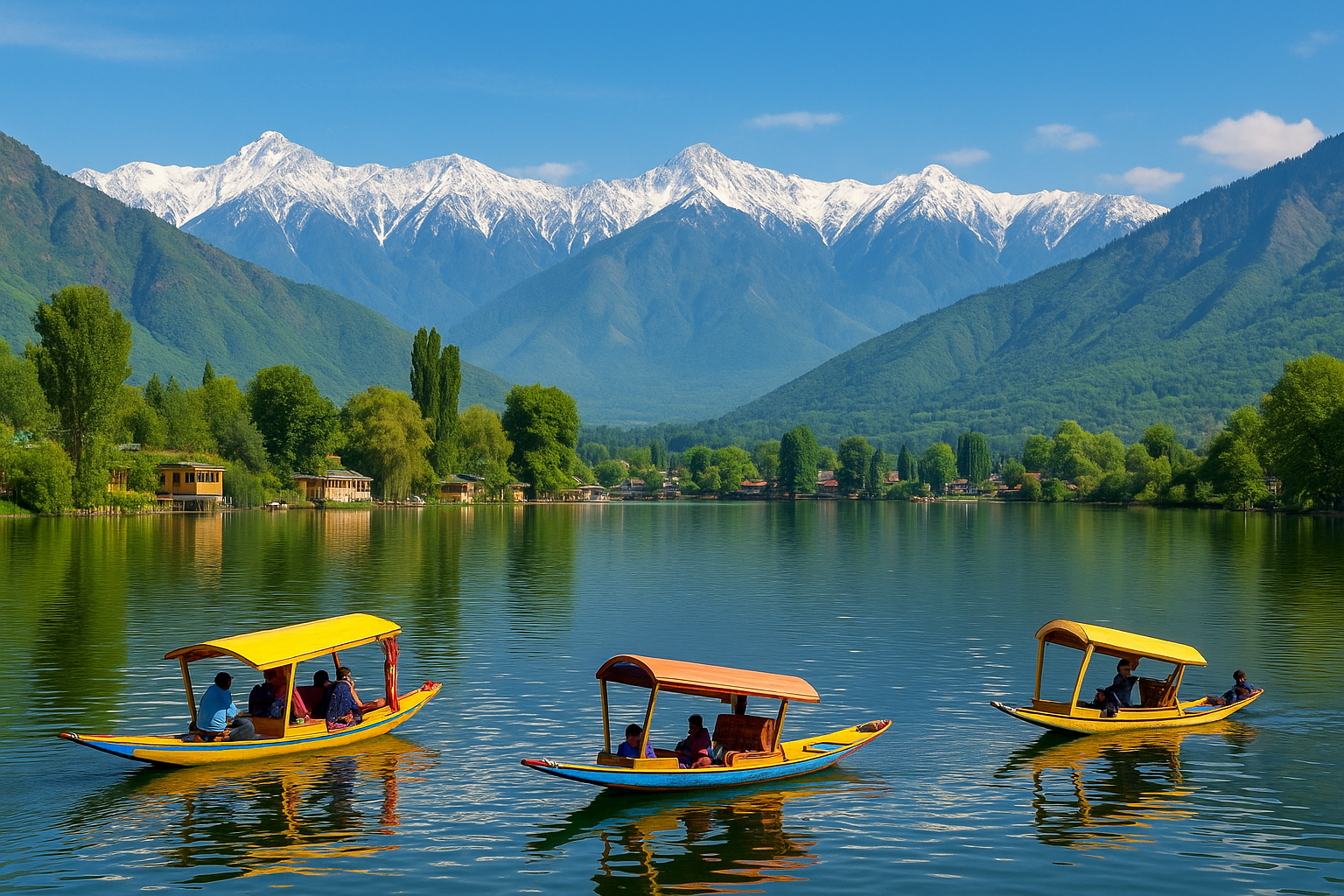 Scenic view of Dal Lake with colourful shikaras and snow-capped mountains in Kashmir