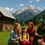 Family enjoying tea with Kashmiri villagers in a mountain village