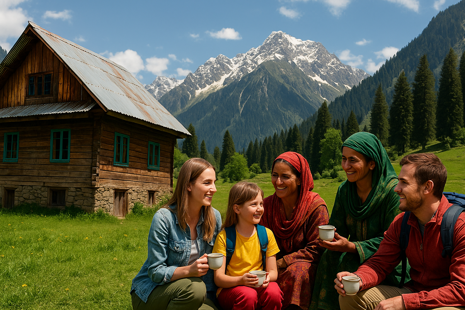Family enjoying tea with Kashmiri villagers in a mountain village