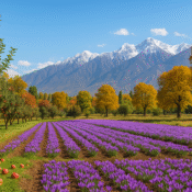 Autumn harvest in Kashmir with apple orchards, saffron fields and walnut groves against Himalayan mountains