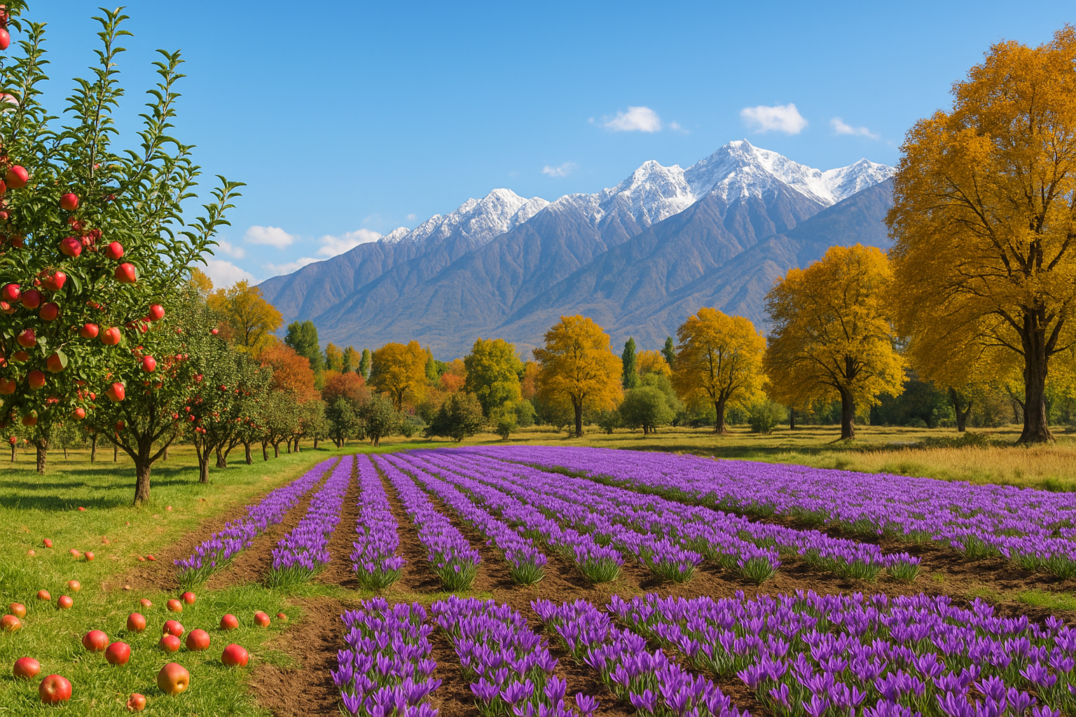 Autumn harvest in Kashmir with apple orchards, saffron fields and walnut groves against Himalayan mountains