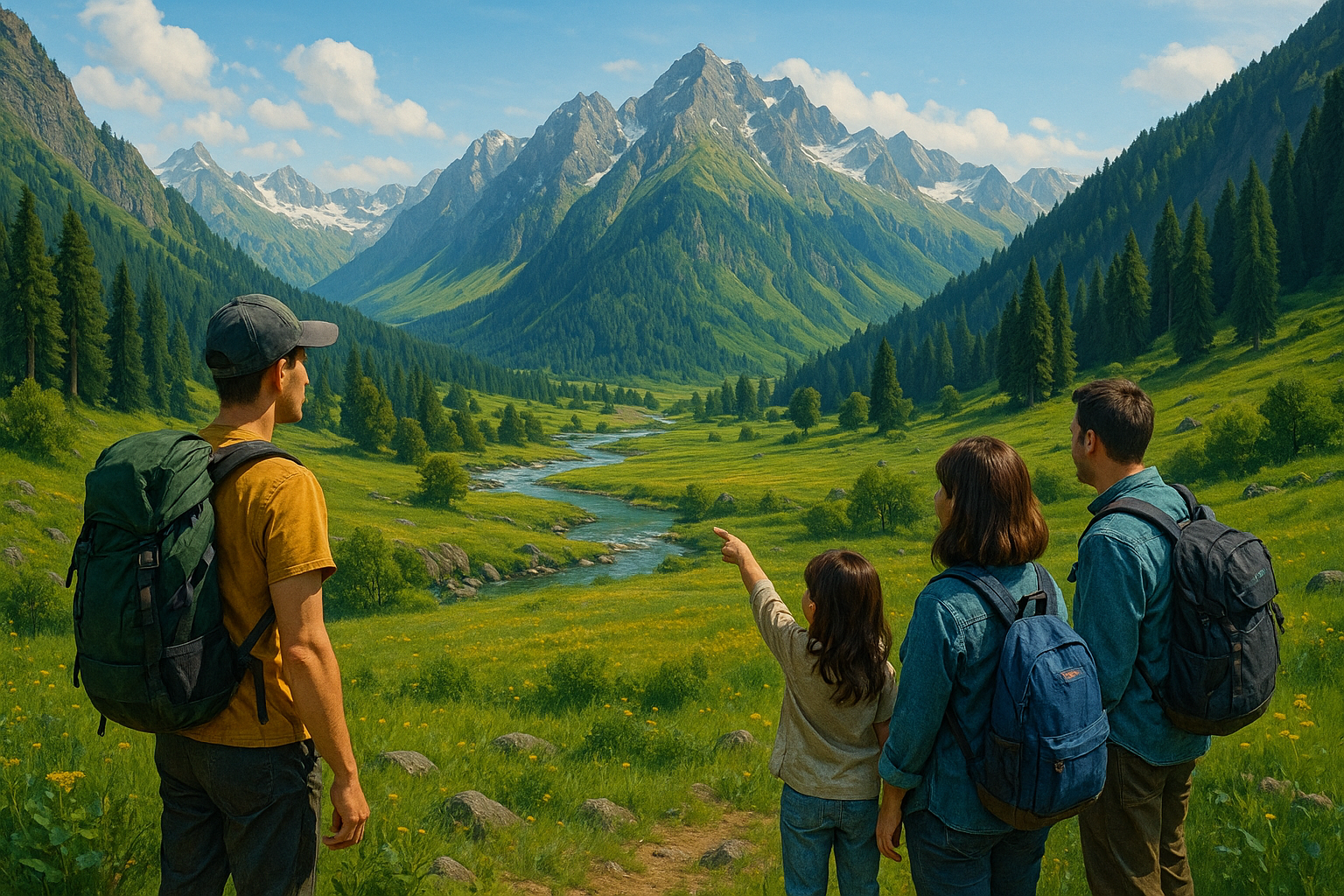 Budget travel in Kashmir valley with travellers exploring green meadows and mountains