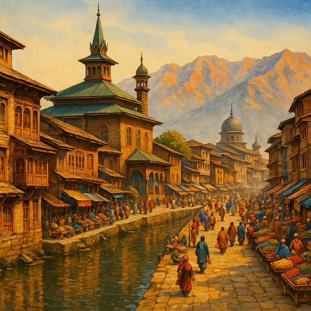 A canal lined with traditional wooden houses and vibrant market stalls in Old Srinagar, with mountains and a mosque in the background.