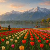 Kashmir tulip garden in spring with travellers and snow-capped mountains
