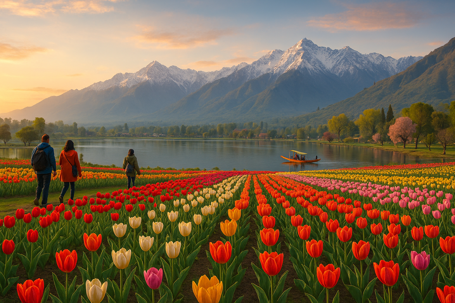 Kashmir tulip garden in spring with travellers and snow-capped mountains