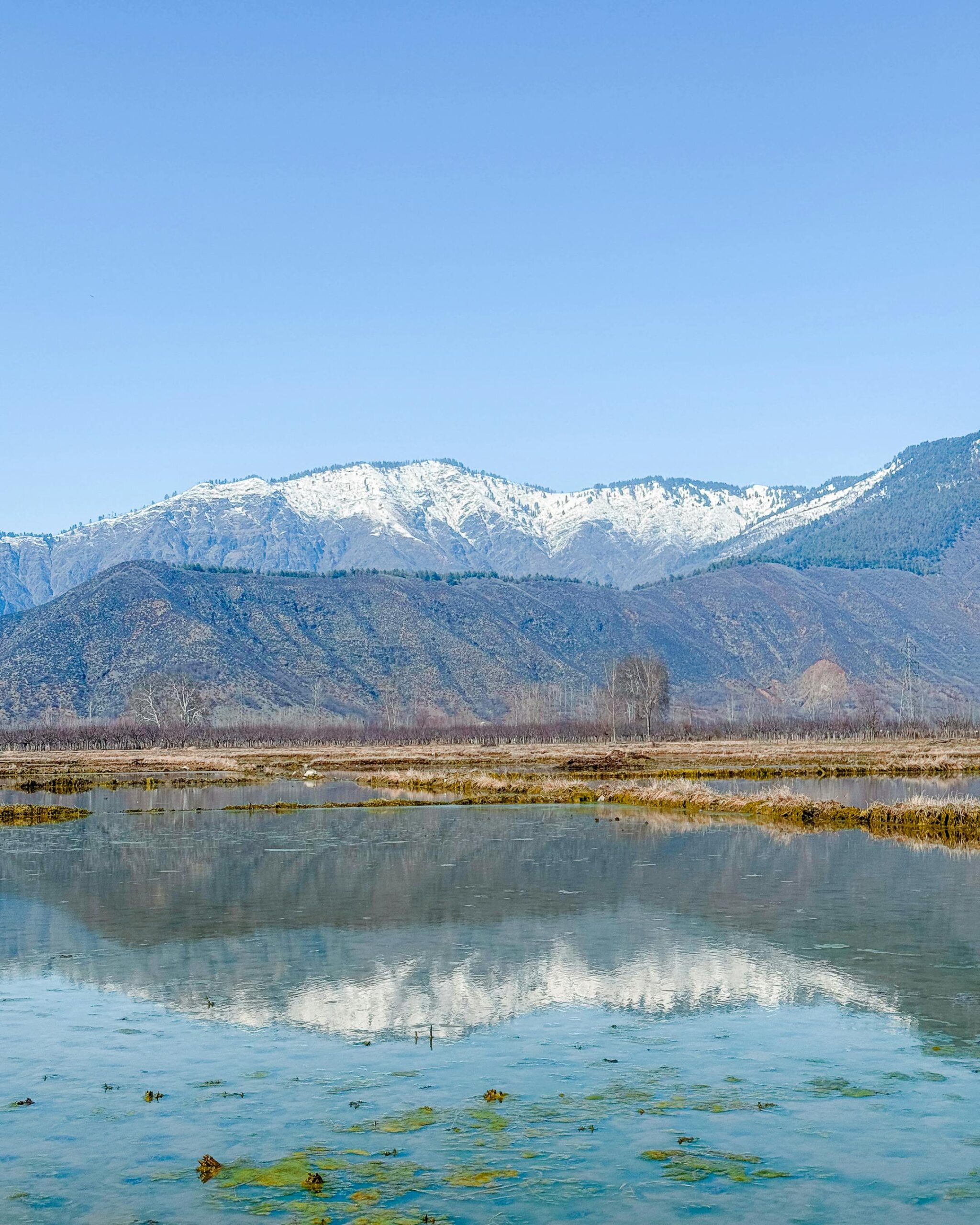Scenic view of Kashmir valley with snow-capped mountains and reflective lake