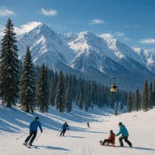 Winter sports in Gulmarg, Kashmir with skiers and snow-capped mountains