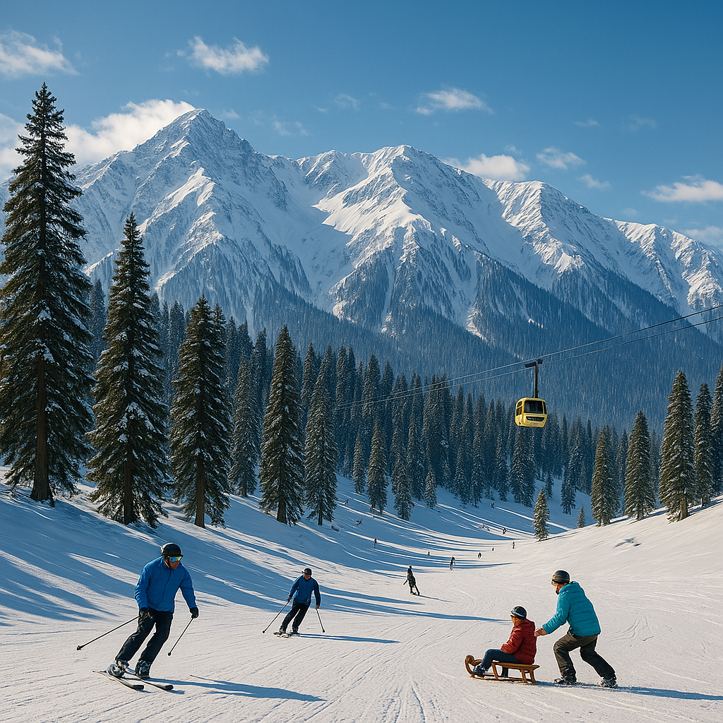 Winter sports in Gulmarg, Kashmir with skiers and snow-capped mountains