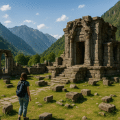 Ruins of ancient temple complex in Kashmir valley with travelers exploring